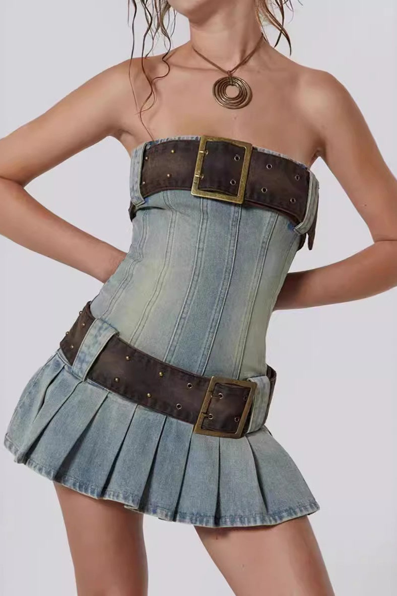 Y2K Pleated Denim Dress