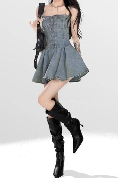 Lace Up Strapless Denim Dress