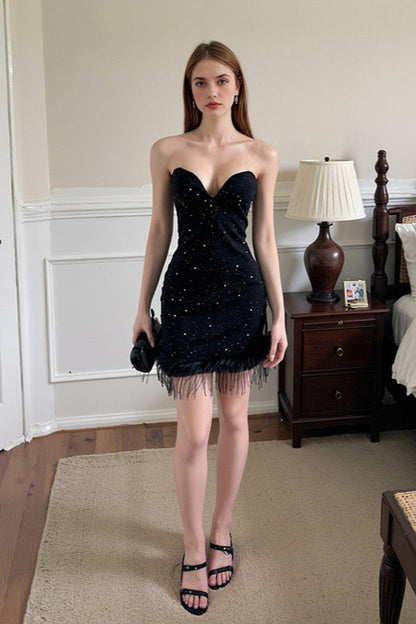 Feather Trim Glitter Corset Party Dress