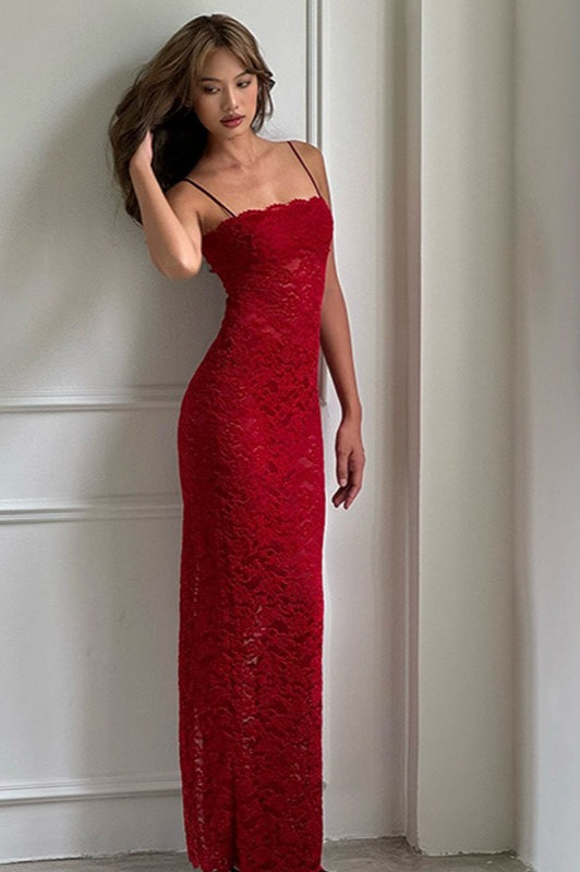 Red Strapless Cami Maxi Lace Dress