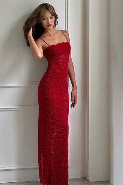 Red Strapless Cami Maxi Lace Dress