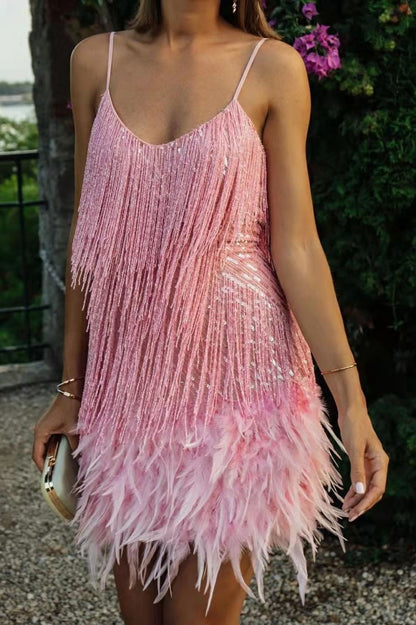 Fringe Feather Sequin Panel Party Mini Sequin Dress