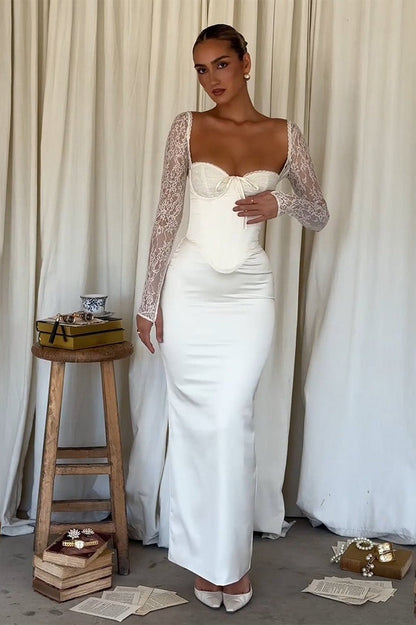 Long Sleeve Lace Satin Maxi Dress