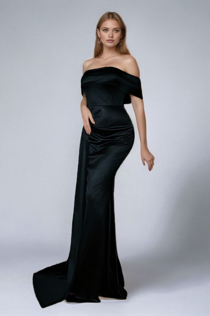 Solid Satin Off-Shoulder Strapless High Waist Formal Dress