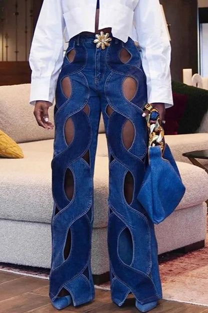 High Waist Patchwork Hollow Jeans