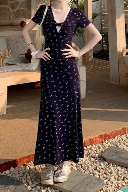 V-neck Waist-cinching Slim Floral Dress