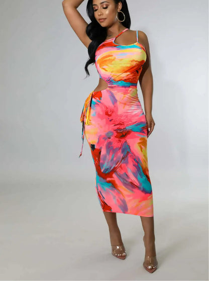 Tie Dye Spaghetti Strap Skew Neck Midi Dress