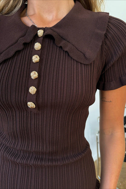 Fitted Peter Pan Collar Short-Sleeve Cable-Knit Sweater Dress