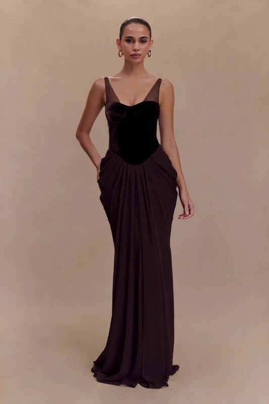 Cami Backless Mesh Paneled Waist Slim Elegant Long Formal Dress