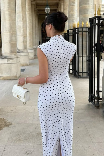 Elegant Polka Dot Round Neck Maxi Dress