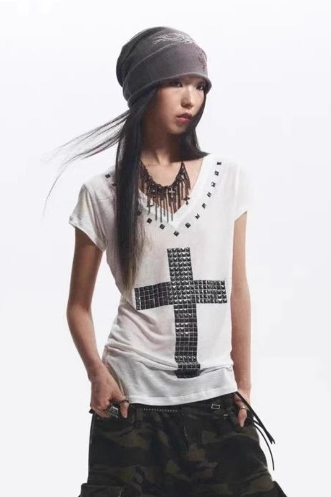 Loose V-Neck Cross Foil T-Shirt