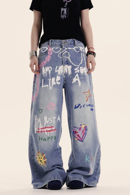 Y2K Baggy Graffiti Print Jeans