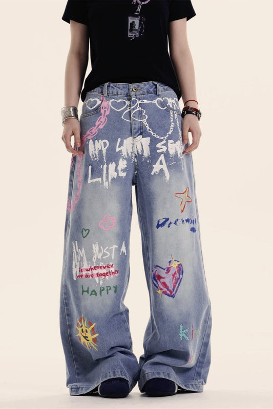 Y2K Baggy Graffiti Print Jeans