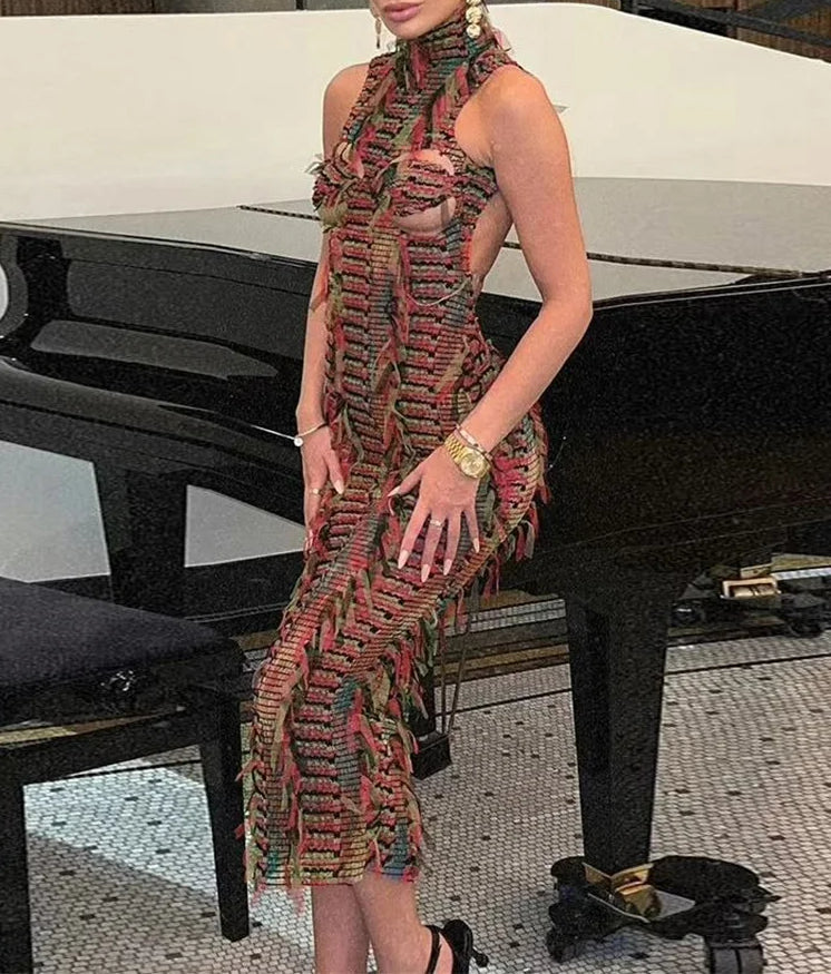 Tassel Panel Sleeveless Maxi Dress