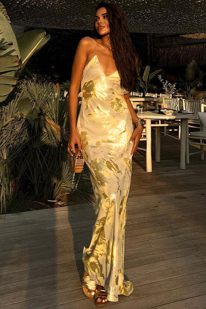 Sexy Backless Gold-Foil Cami Silk Dress
