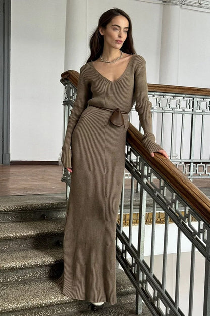 Solid Color Long-Sleeve Fitted Bodycon Knit Dress