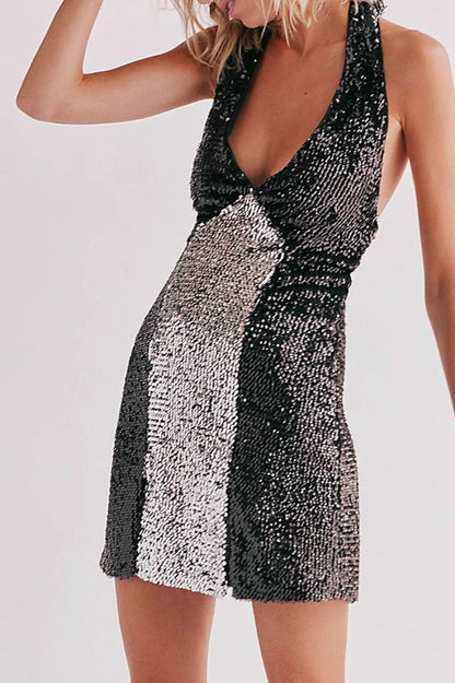 Sexy Party V Neck Spaghetti Backless Sequin Dress
