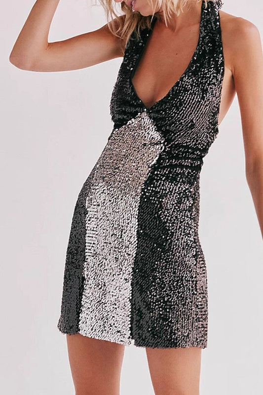 Sexy Party V Neck Spaghetti Backless Sequin Dress