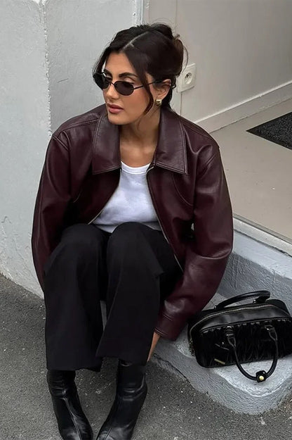 Retro Wine Red PU Leather Short Jacket
