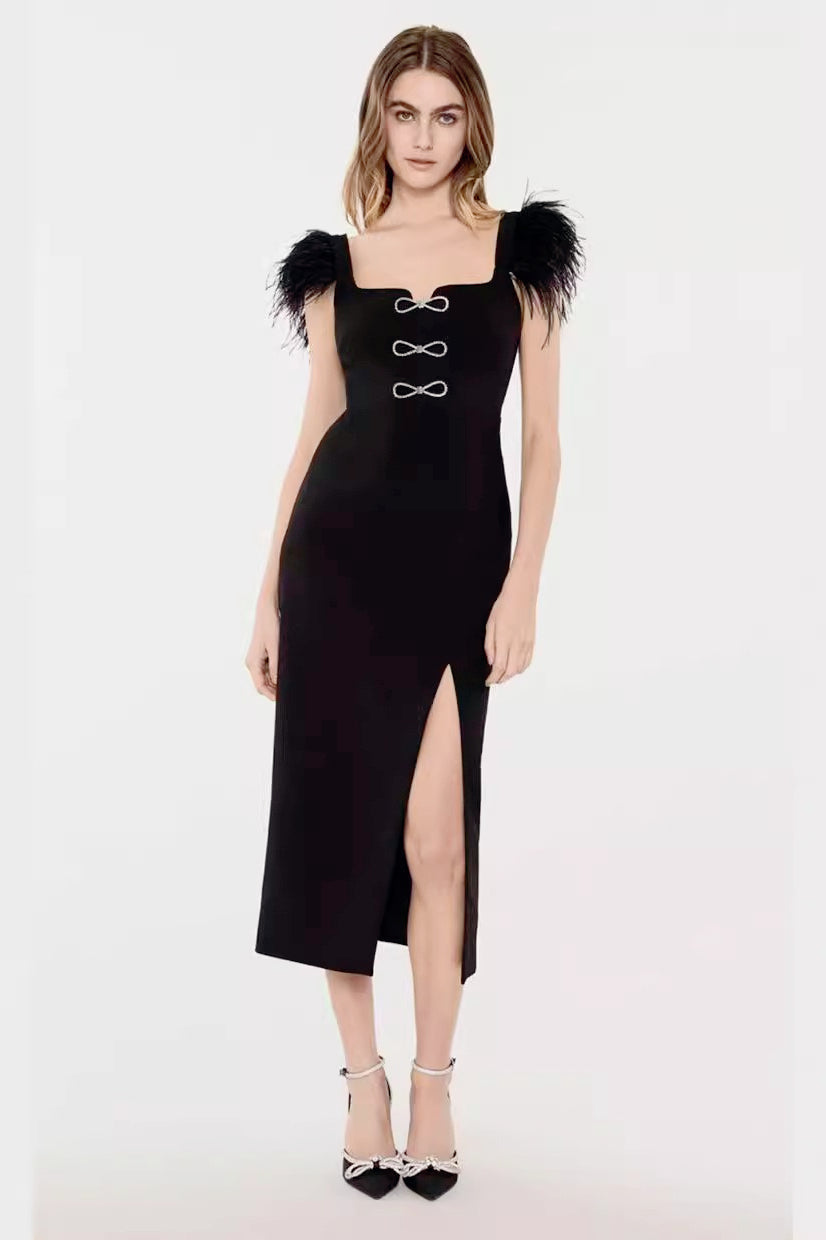 Square Neck Bow Feather Bandage Birthday Dress