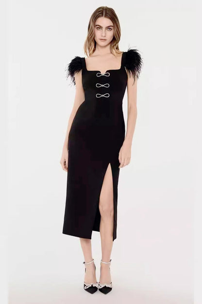 Square Neck Bow Feather Bandage Birthday Dress