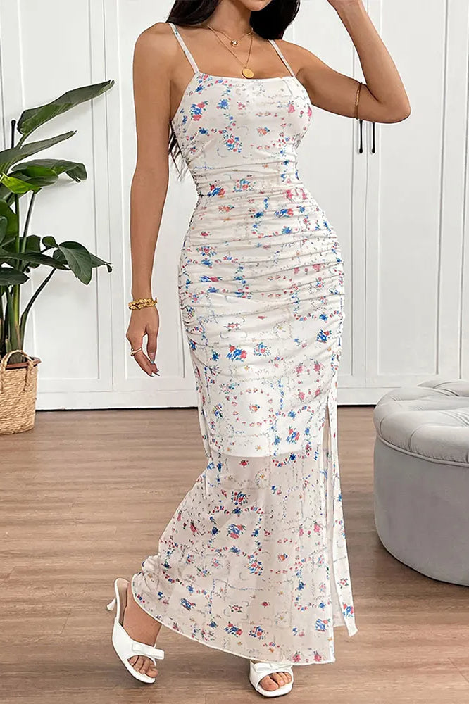 Spaghetti Strap Backless Floral Dress