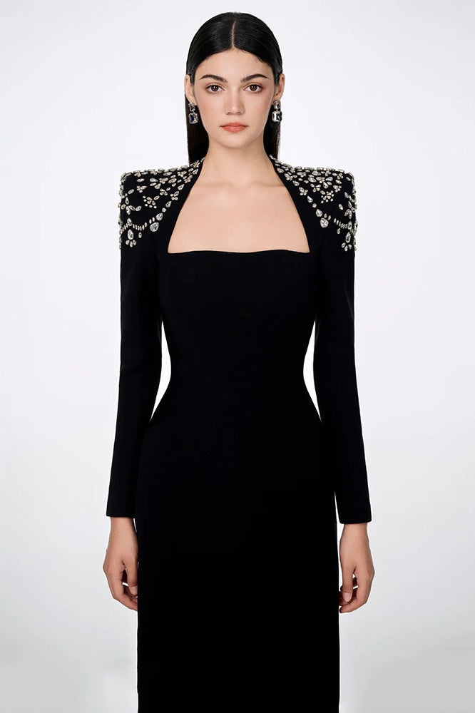 Elegant Square Neck Rhinestone Long Sleeve Bandage Cocktail Dress