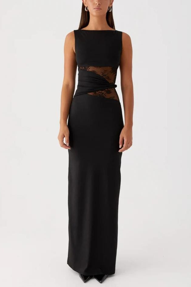Slim Sheer Lace Paneled Maxi Lace Dress