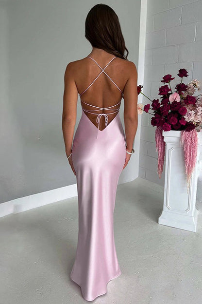Backless Lace-Up Silk Dress