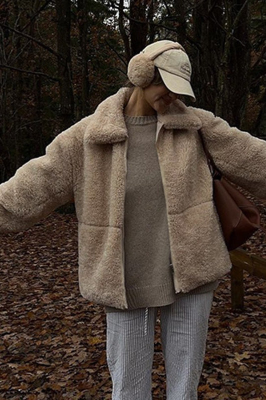 Lapel Collar Zip Up Fleece Coat