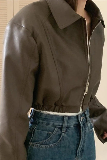 French Design Zipper Crop Leather Jacket