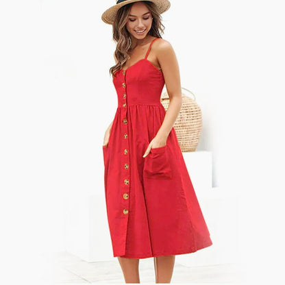 Button Open Back Red Casual Midi Dress