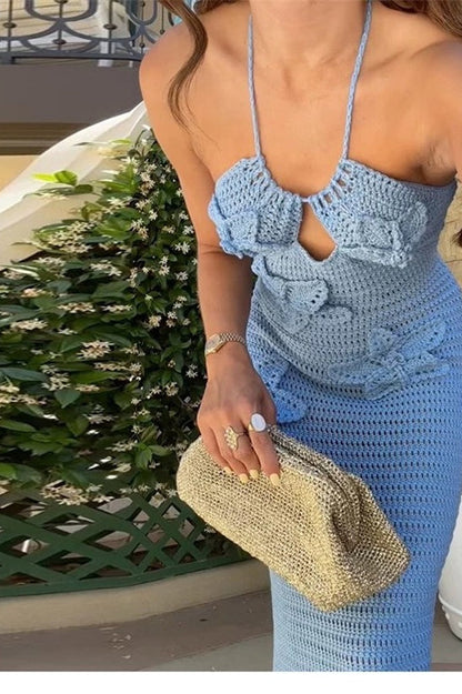 Sexy Cut-Out Halter Appliqué Fitted Bodycon Maxi Sweater Dress