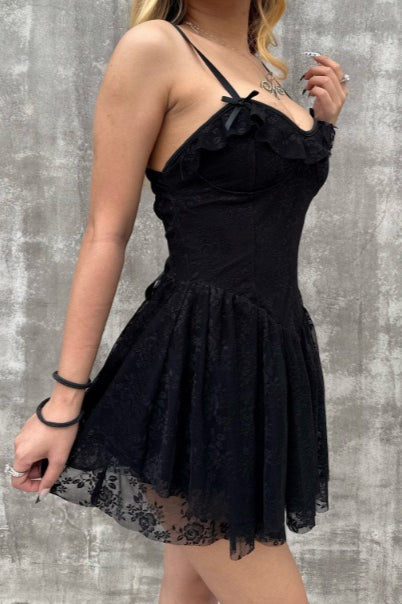 Sexy Solid V Neck Ruffled Lace Dress