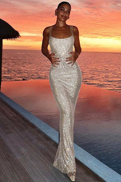 Sheer Panel Low-Back Party Dress