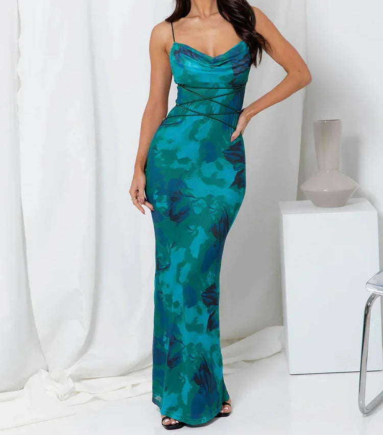 Spaghetti Strap Collar Floral Dress