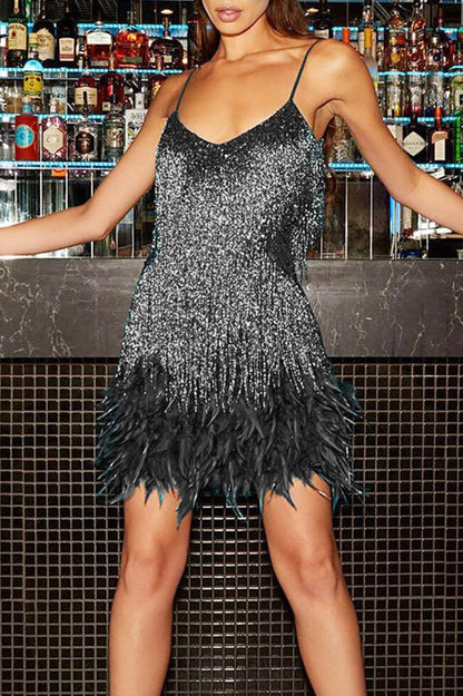 Fringe Feather Sequin Panel Party Mini Sequin Dress