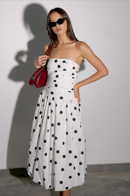 Elegant Polka Dot Strapless Bodycon Maxi Dress