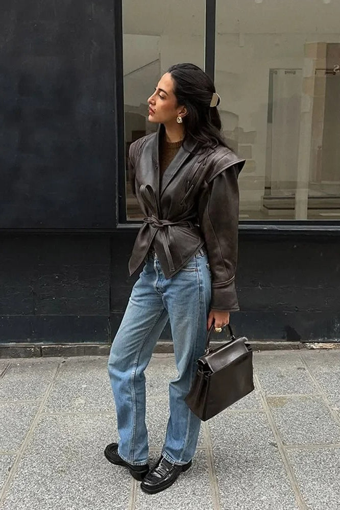 Vintage V-neck Belted Faux Leather Jacket