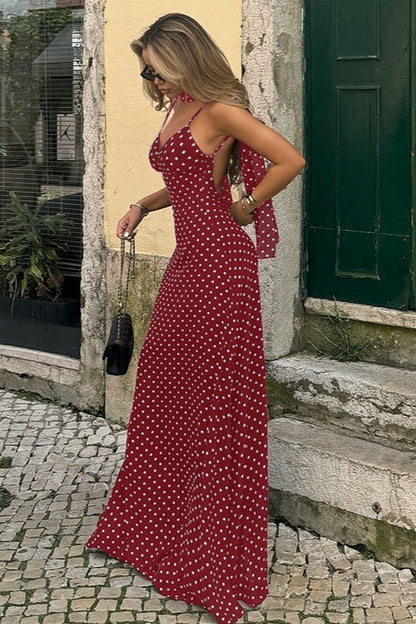 Sexy Polka Dot V-Neck Backless Cami Maxi Dress