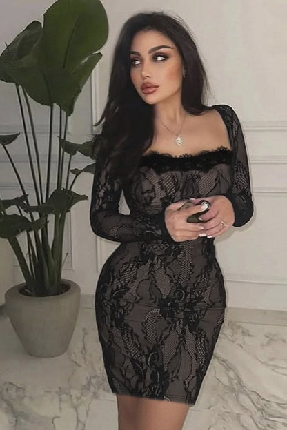 Square Neck Long Sleeve Bodycon Lace Dress