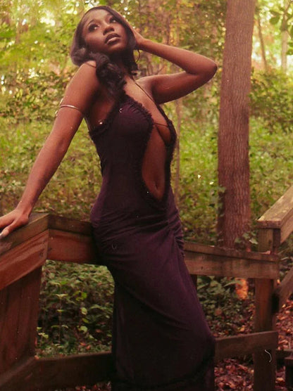 Hollow Out Printed Patchwork Lace-up Slip Dress