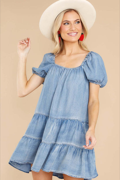 Short Sleeve Tiered Denim Dress