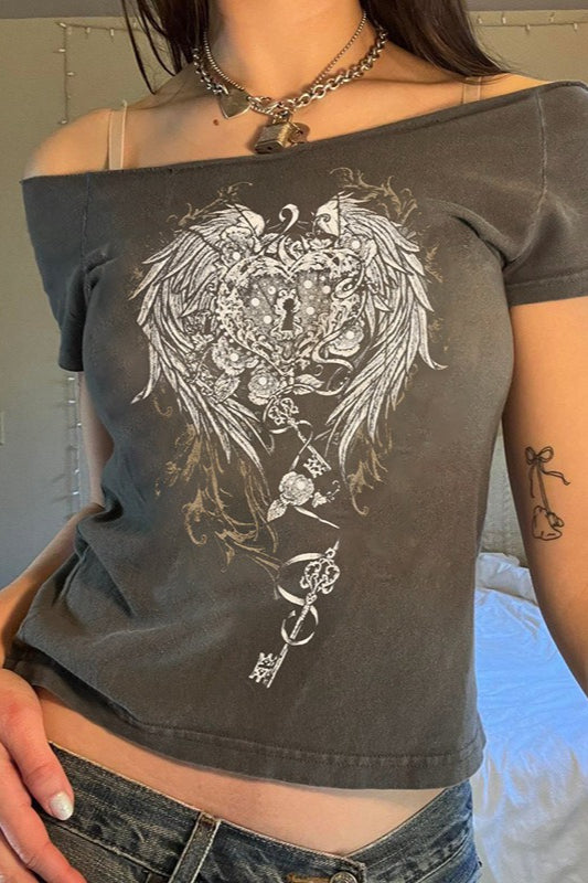 Y2K Wing Graphic Off-Shoulder T-Shirt