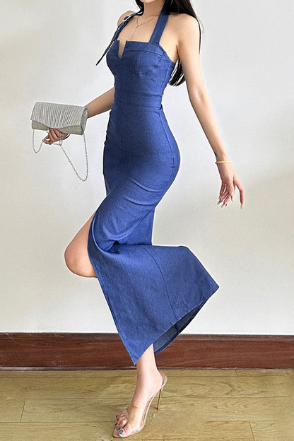 Halter Split Maxi Denim Dress
