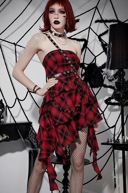 Halloween Sexy Red Black Plaid One Shoulder Dress