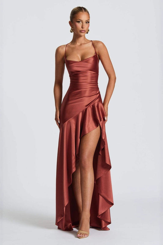 Satin Spaghetti Strap Backless Tie Elegant Sexy Formal Dress
