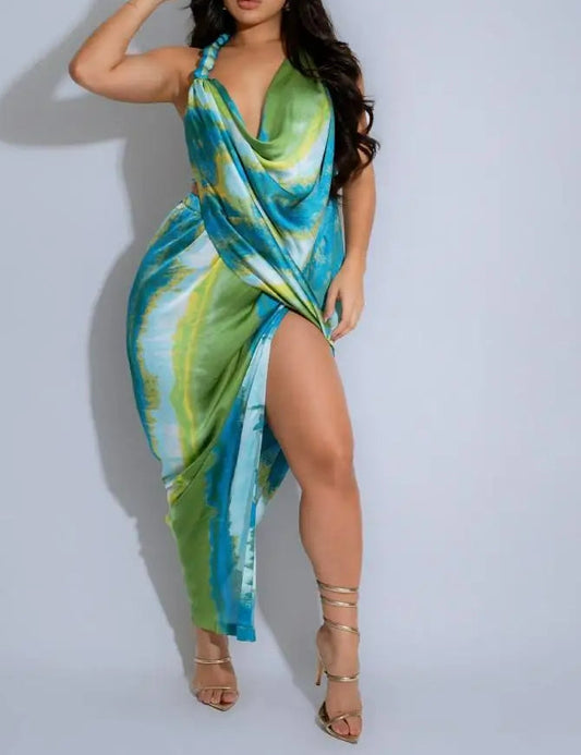 Tie Dye Halter Deep V-Neck Backless Midi Dress