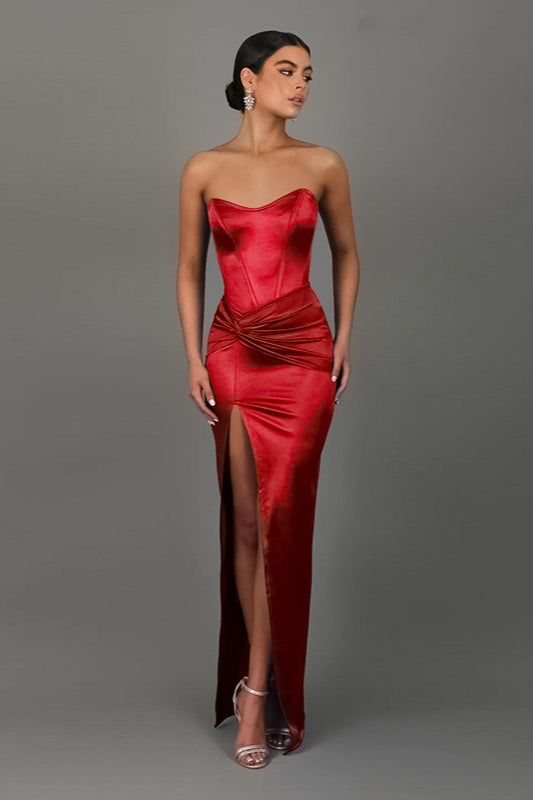 Twist Front Satin Slit Party Dress