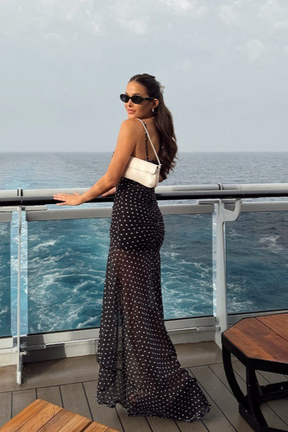 Polka Dot Ruched Lace Mesh Cami Maxi Dress